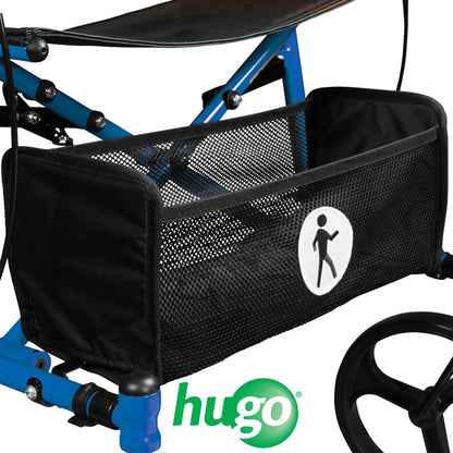 Close-up of the comfortable padded seat and storage basket on the Hugo Sidekick rollator.