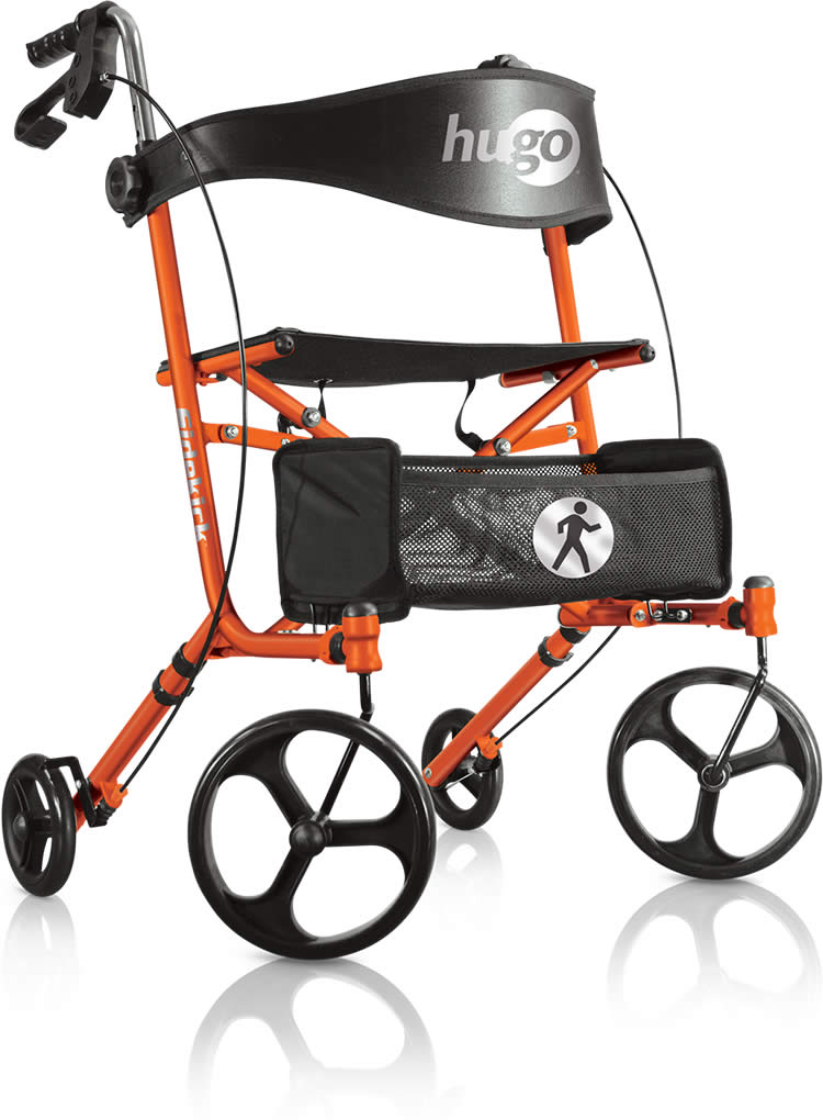 Hugo Sidekick Side-Folding Rollator Walker in Tangerine with Seat – Lightweight 4-Wheel Mobility Support in Canada