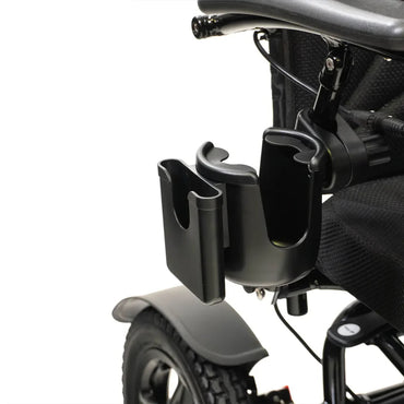 Travel Buggy Vista cup and phone holder fitted beneath a wheelchair armrest
