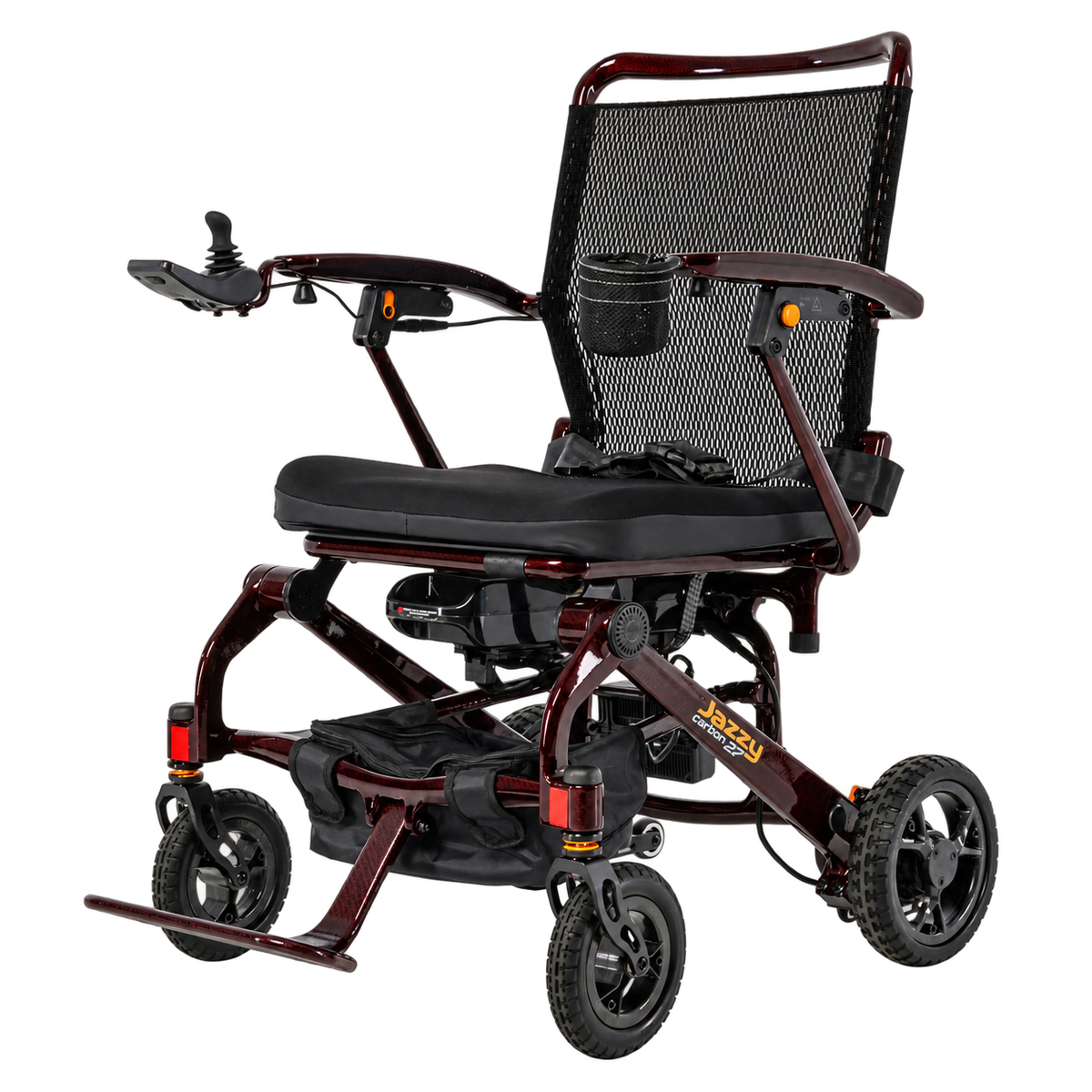 Pride Jazzy Carbon 27 power wheelchair in Black Cherry, front three-quarter view