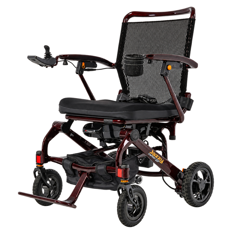 Pride Jazzy Carbon 27 power wheelchair in Black Cherry, front three-quarter view