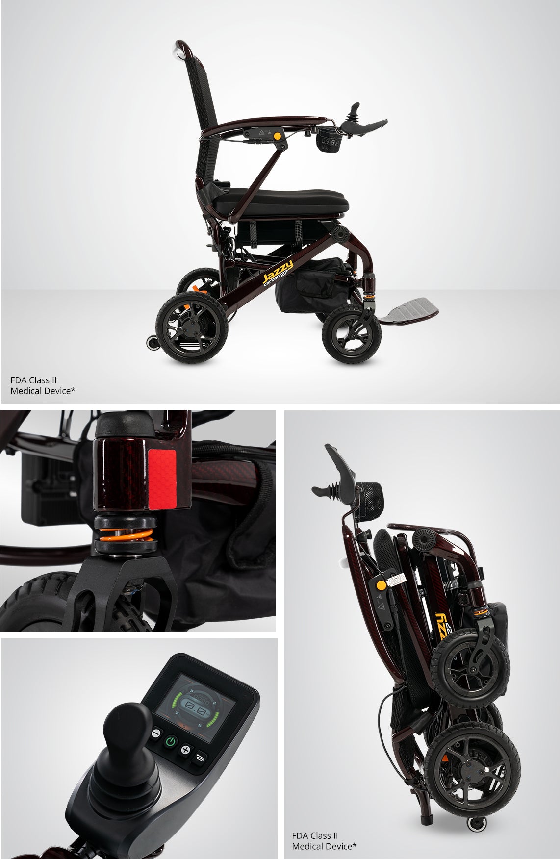 Pride Jazzy Carbon 27 in Black Cherry: side view, rear wheel, joystick and folded frame