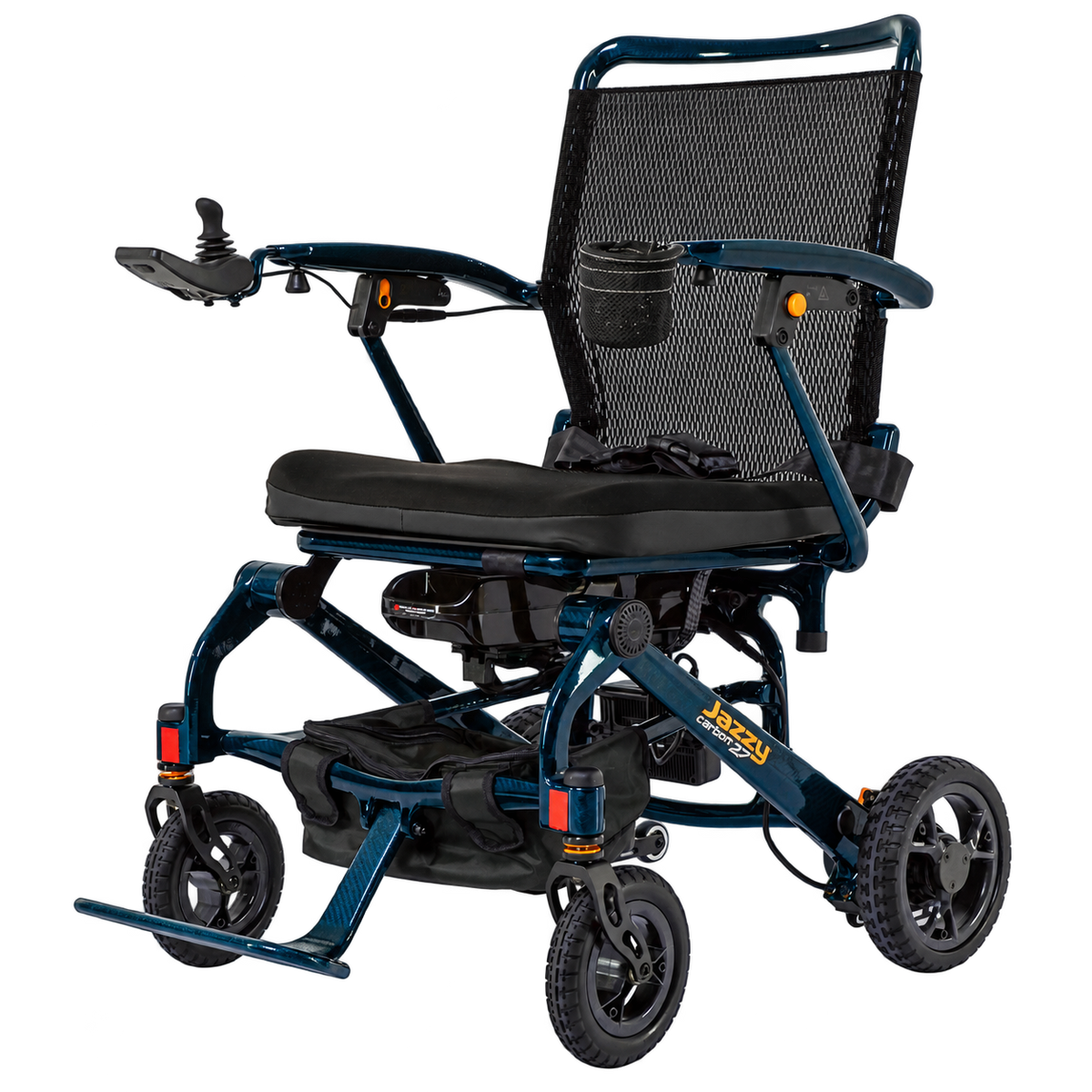 Pride Jazzy Carbon 27 power wheelchair in Night Sky, front three-quarter view