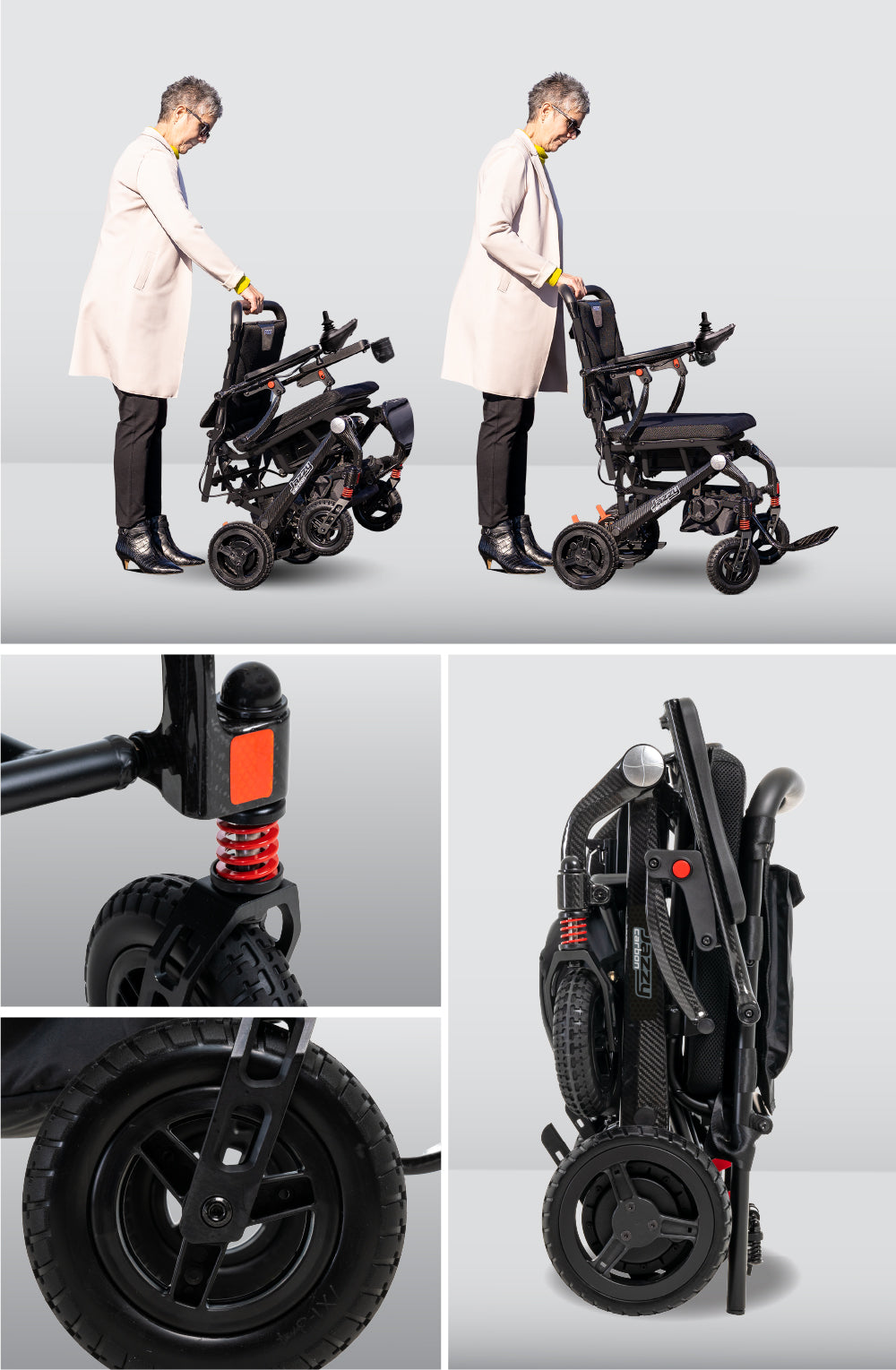 Pride Jazzy Carbon power wheelchair features collage