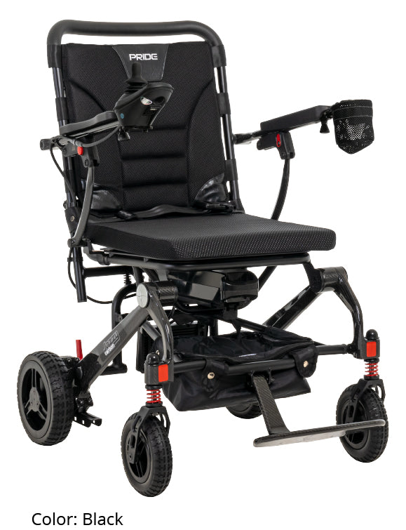 Pride Jazzy Carbon power wheelchair in black, studio view