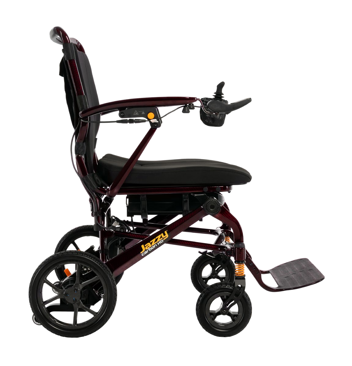Pride Jazzy Carbon HD power wheelchair in Black Cherry, unfolded side studio view