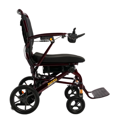 Pride Jazzy Carbon HD power wheelchair in Black Cherry, unfolded side studio view