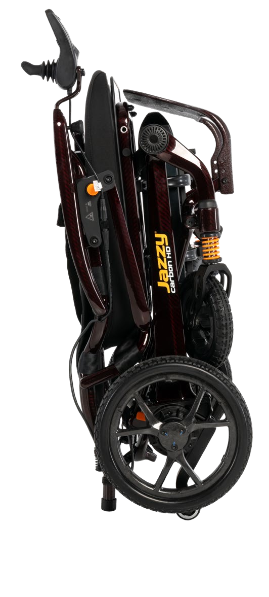 Pride Jazzy Carbon HD power wheelchair in Black Cherry, folded for transport