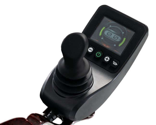 Pride Jazzy Carbon HD LCD joystick controller and Black Cherry armrest, close-up