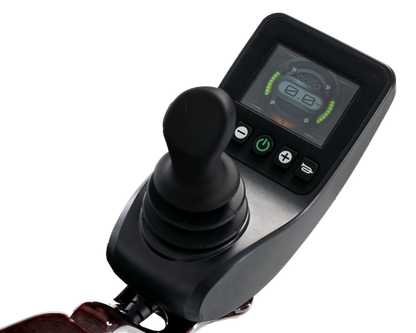 Pride Jazzy Carbon HD LCD joystick controller and Black Cherry armrest, close-up