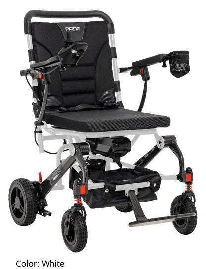 Pride Jazzy Carbon folding travel power wheelchair in white