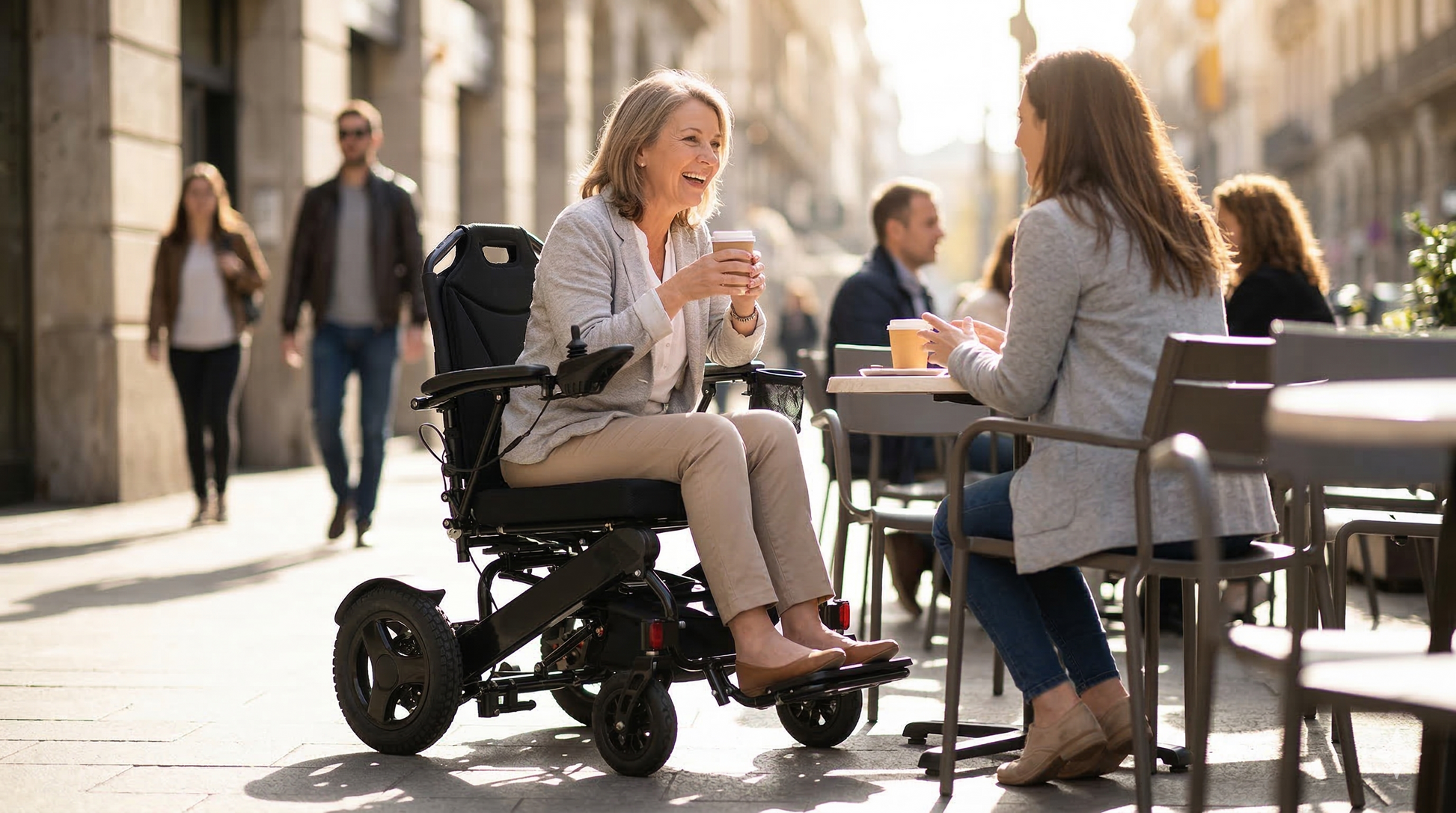 Lifestyle shot of a couple enjoying an outdoor promenade, with the woman comfortably driving the City 2 Plus power wheelchair.