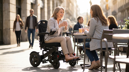 Lifestyle shot of a couple enjoying an outdoor promenade, with the woman comfortably driving the City 2 Plus power wheelchair.