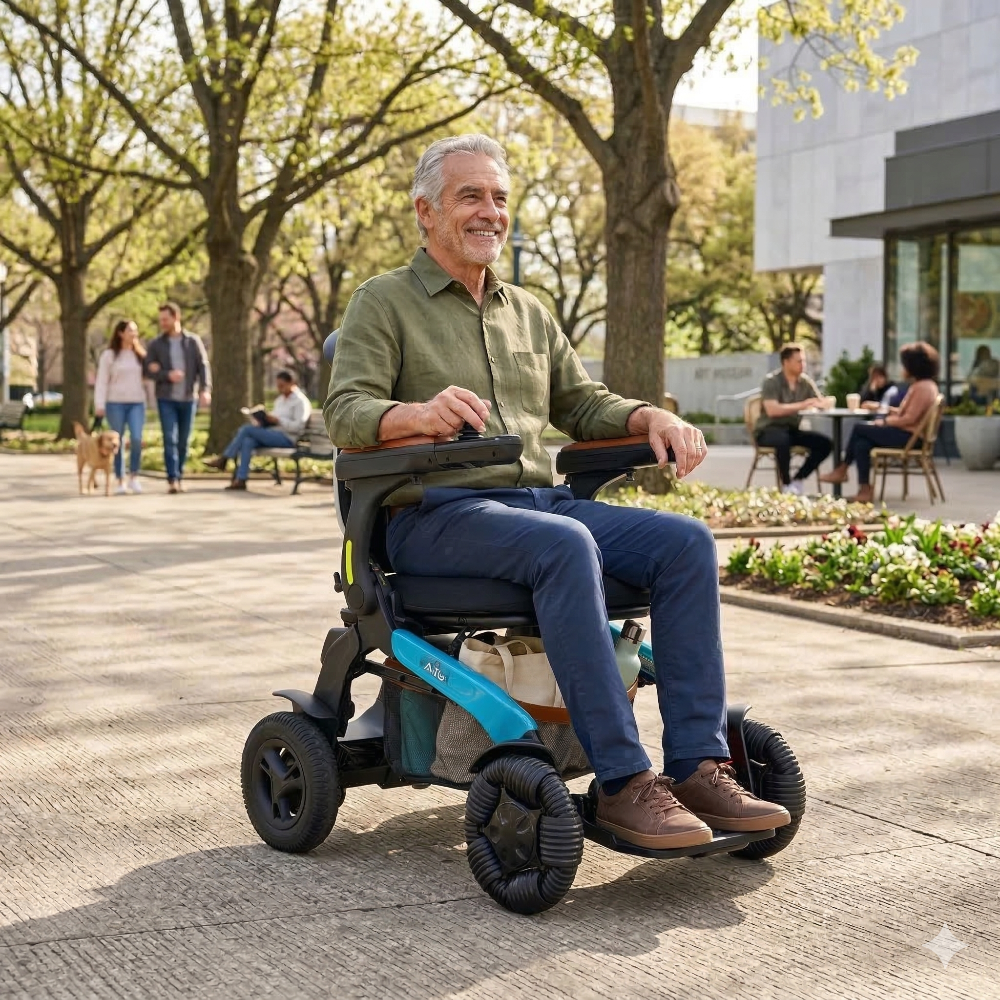 Lifestyle shot of a senior man confidently driving the Golden Ally Pro power wheelchair along a sunny, paved outdoor path.