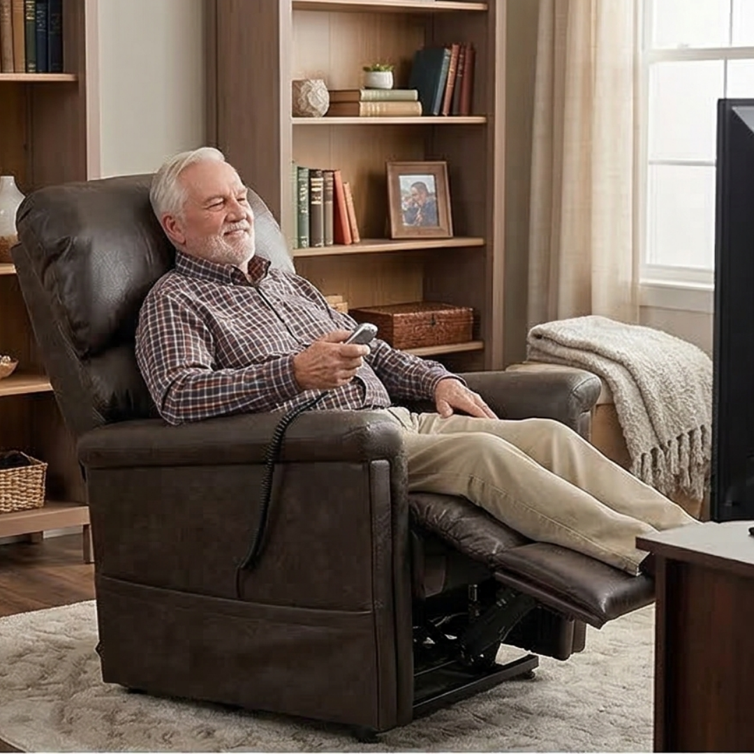 Lifestyle image of a senior man relaxing comfortably indoors while reclined in the Golden Austin UC342 power chair.