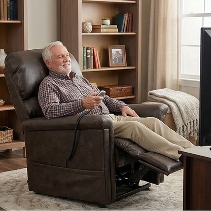 Lifestyle image of a senior man relaxing comfortably indoors while reclined in the Golden Austin UC342 power chair.