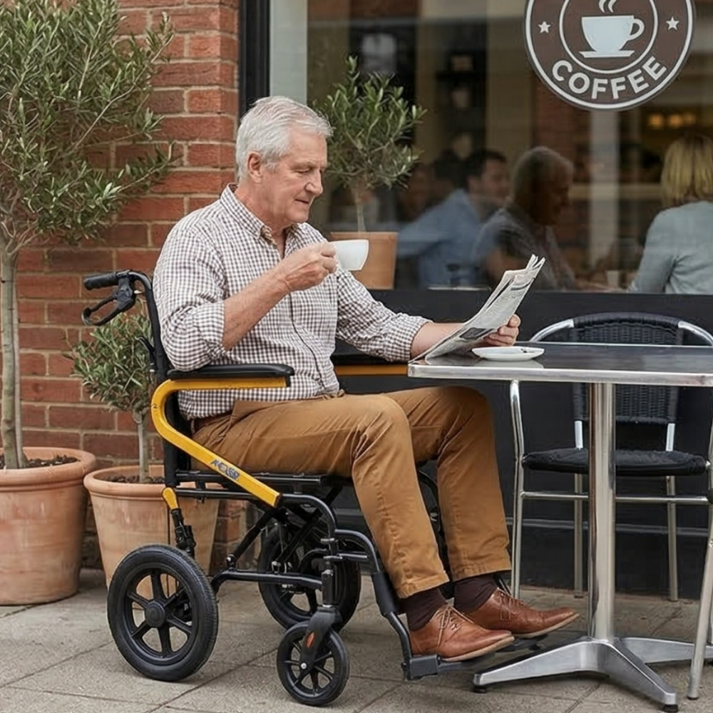 Lifestyle image of a senior man comfortably resting in the MOBB transport chair outdoors while having a drink.
