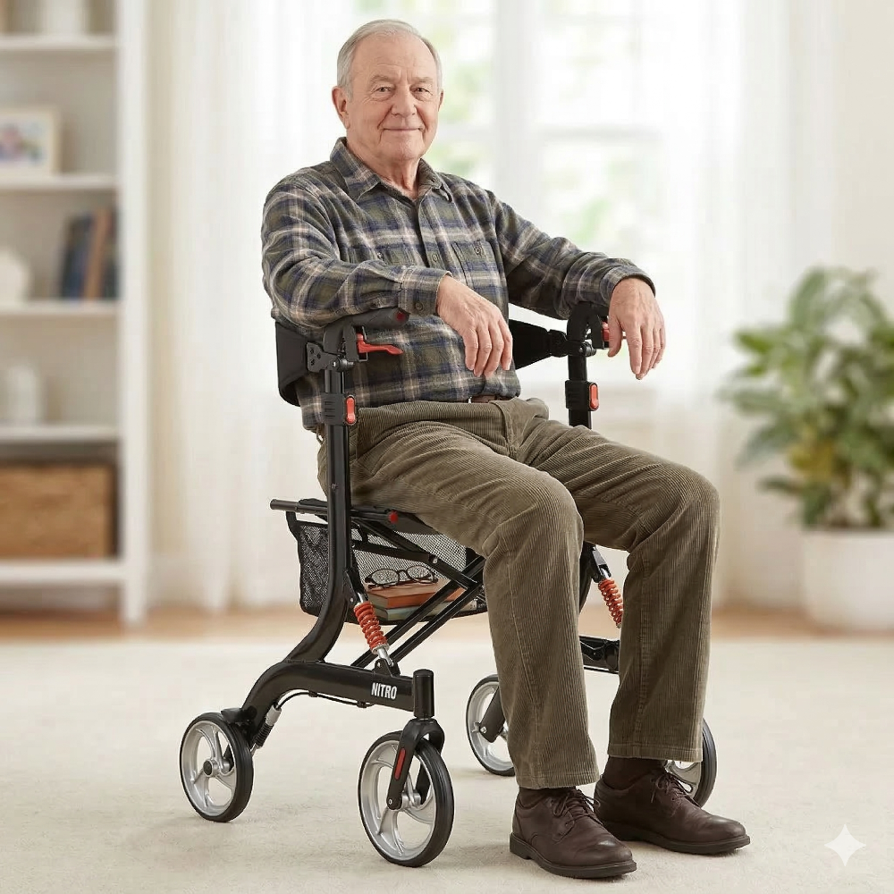 Lifestyle image of a senior man comfortably resting on the wide seat of the Nitro HD rollator outdoors near a park.