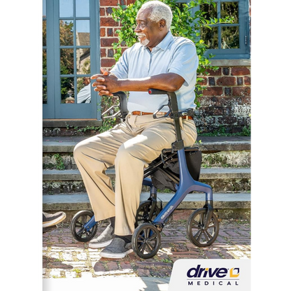 Lifestyle shot of a man safely resting outdoors, comfortably seated on the padded seat of the AeroWalk rollator.