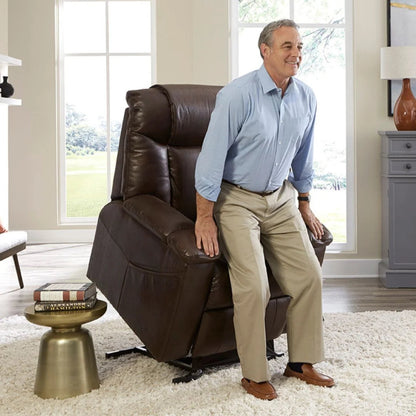 Lifestyle image of a man safely standing up with the reliable assistance of the Golden Rhea PL442 lift chair.