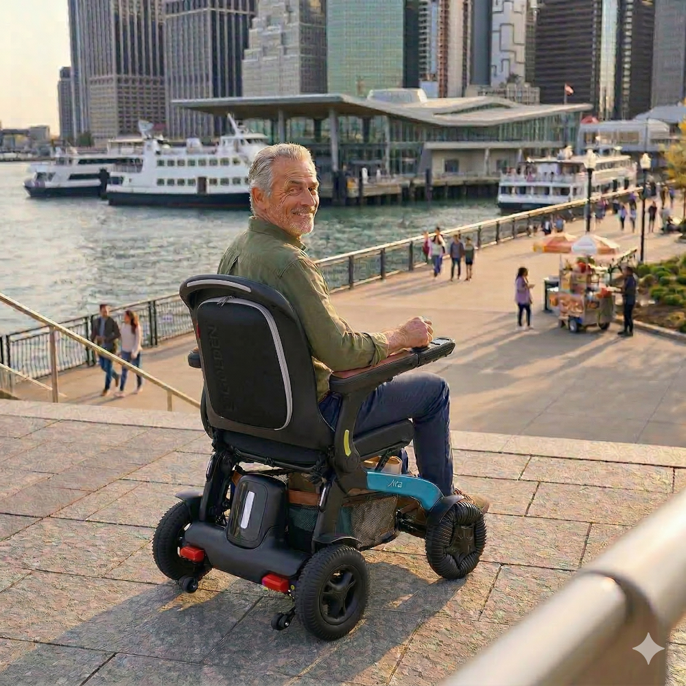 Lifestyle image of a man enjoying a scenic waterfront city view while comfortably riding the Golden Ally Pro electric wheelchair.
