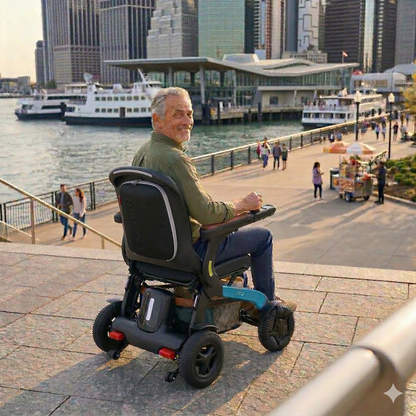 Lifestyle image of a man enjoying a scenic waterfront city view while comfortably riding the Golden Ally Pro electric wheelchair.