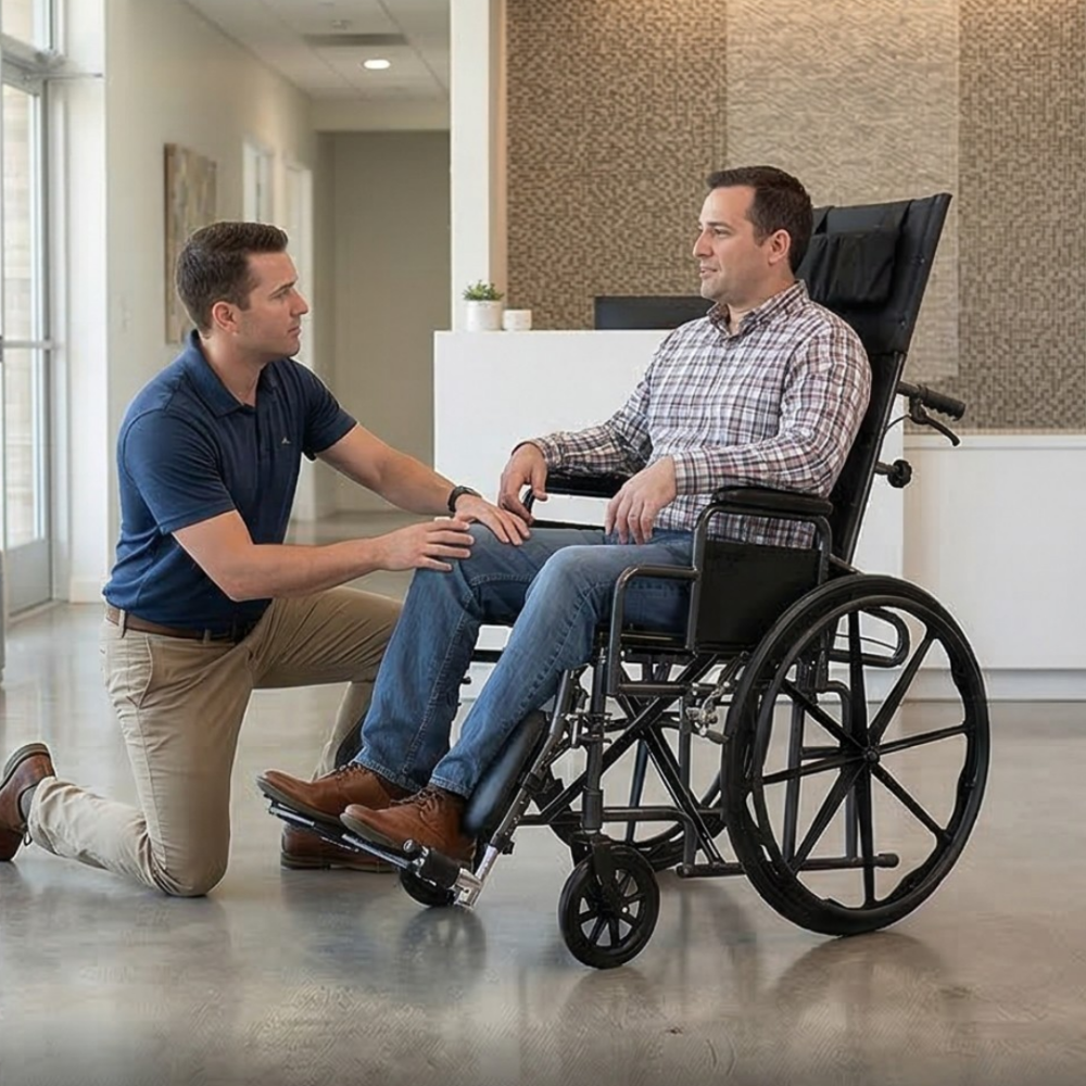 Lifestyle shot of a man sitting comfortably in the MOBB reclining wheelchair indoors while conversing with a caregiver.