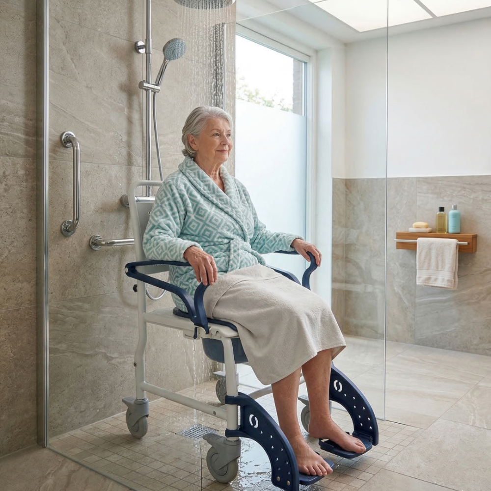 Lifestyle shot of a man safely using the water-resistant MOBB 3-in-1 shower commode wheelchair inside a walk-in shower.