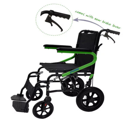 Angled view of the green MOBB 12-inch folding transport chair featuring a callout graphic that highlights the upgraded, easy-to-use rear brake lever.