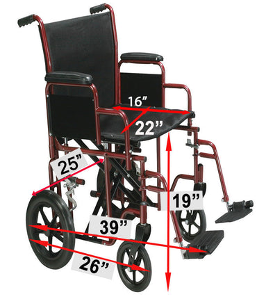 Measurement diagram for the MOBB 22 inch Heavy Duty Transport Chair: 25 inch outside width across the rear wheels, 22 inch seat width, 16 inch seat depth, 19 inch seat to floor height and 39 inch overall length | Care Made Canada