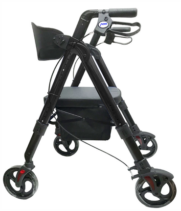 Side profile of the MOBB aluminum folding bariatric 4-wheel rollator walker in black, featuring a padded seat and backrest.