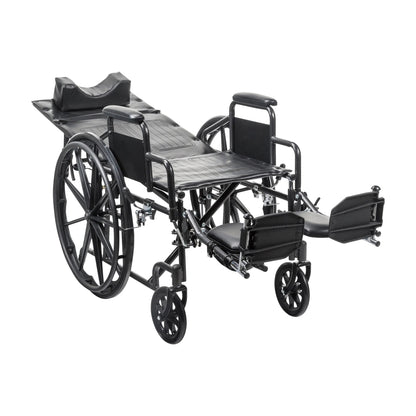 Front right angled view of the durable MOBB manual reclining wheelchair equipped with comfortable padded armrests.
