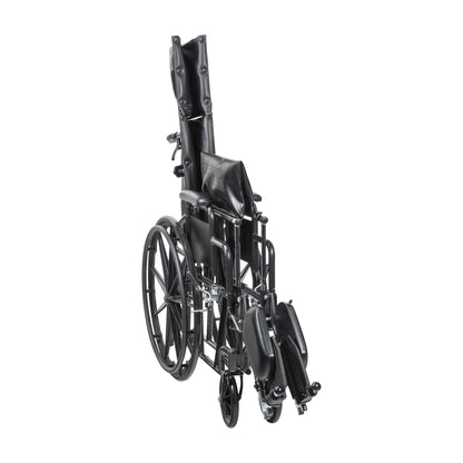 The MOBB Home Health Care reclining wheelchair folded compactly side-to-side for convenient storage and travel.