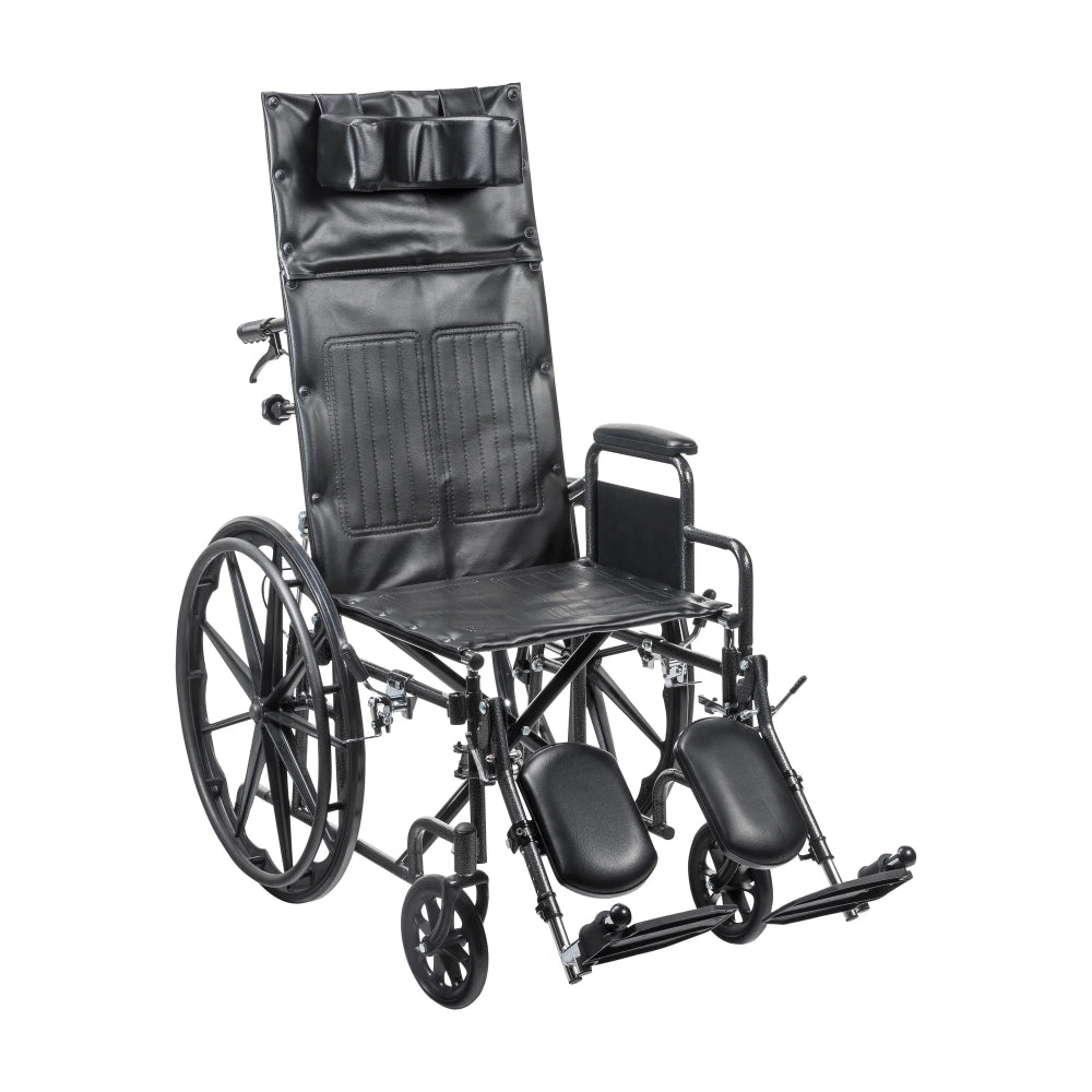 Front right angled view of the durable MOBB manual reclining wheelchair equipped with comfortable padded armrests.
