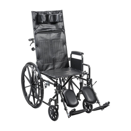 Front right angled view of the durable MOBB manual reclining wheelchair equipped with comfortable padded armrests.