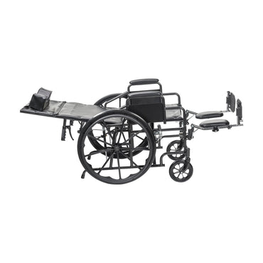 Side profile of the MOBB reclining wheelchair adjusted to a fully reclined, near-flat position for pressure relief and rest.
