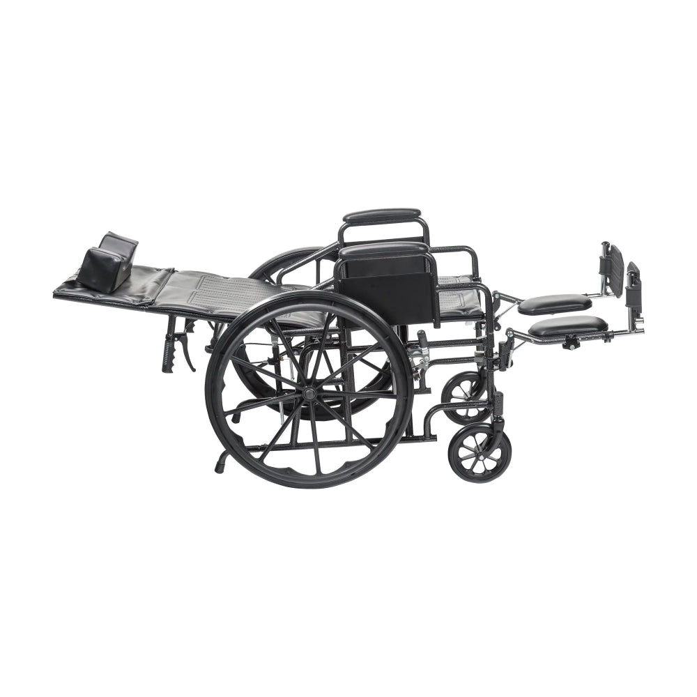 Side profile of the MOBB reclining wheelchair adjusted to a fully reclined, near-flat position for pressure relief and rest.