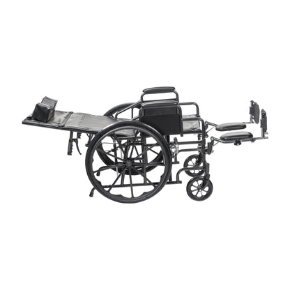 Side profile of the MOBB reclining wheelchair adjusted to a fully reclined, near-flat position for pressure relief and rest.