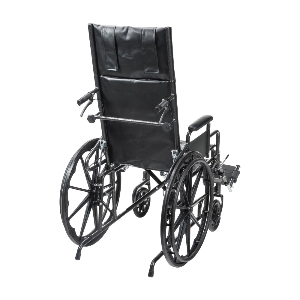 Rear angled view of the MOBB reclining wheelchair highlighting the tall adjustable backrest, caregiver handles, and rear anti-tip wheels.