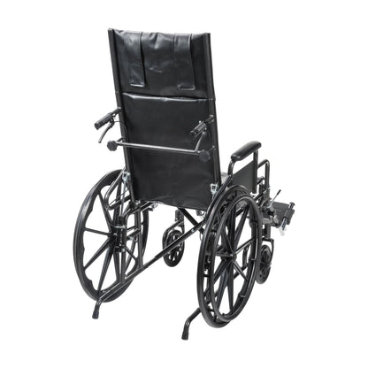 Rear angled view of the MOBB reclining wheelchair highlighting the tall adjustable backrest, caregiver handles, and rear anti-tip wheels.