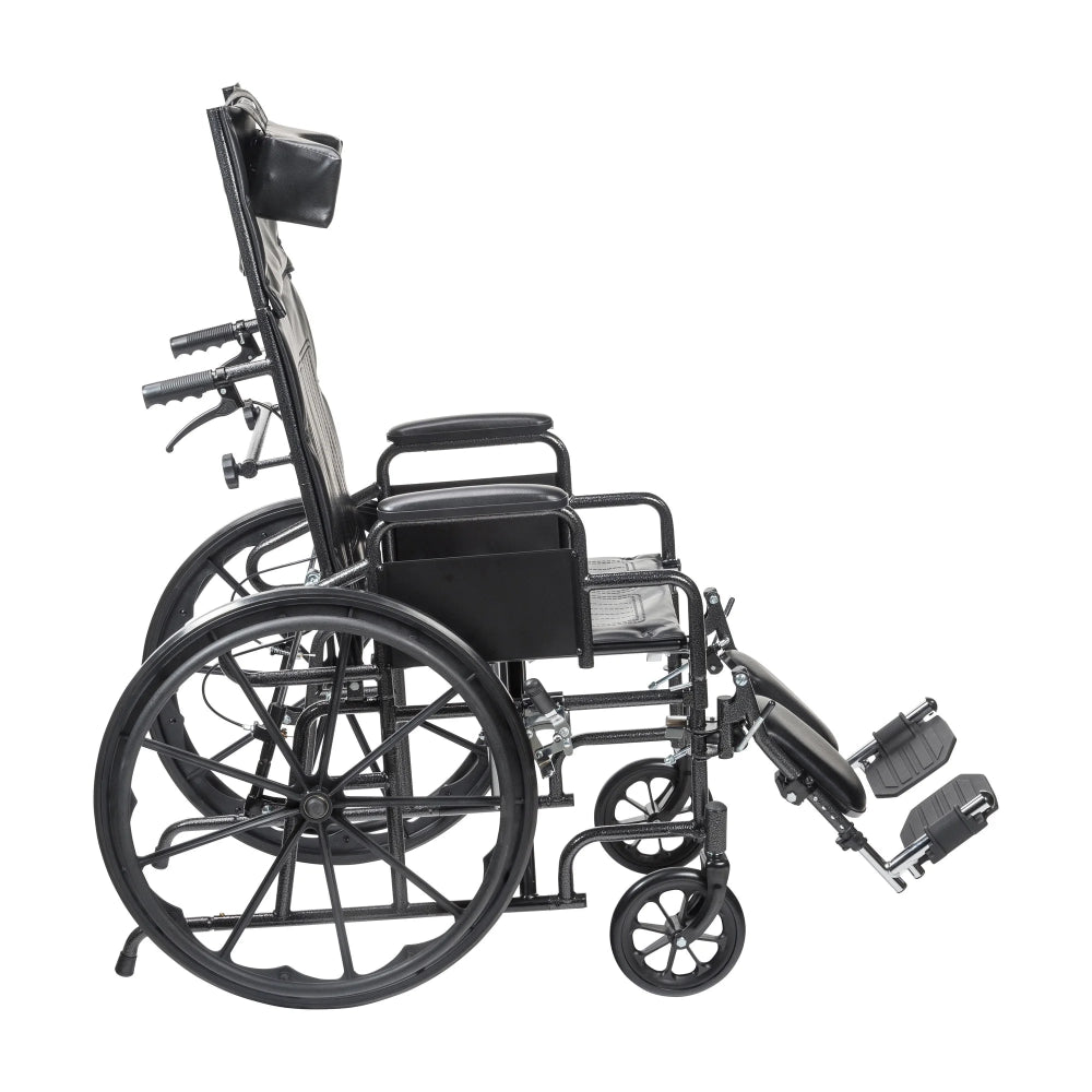 Side view of the durable MOBB manual reclining wheelchair equipped with comfortable padded armrests.