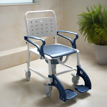 The MOBB 3-in-1 Shower Commode Wheelchair placed neatly in a bright, modern residential bathroom setting.