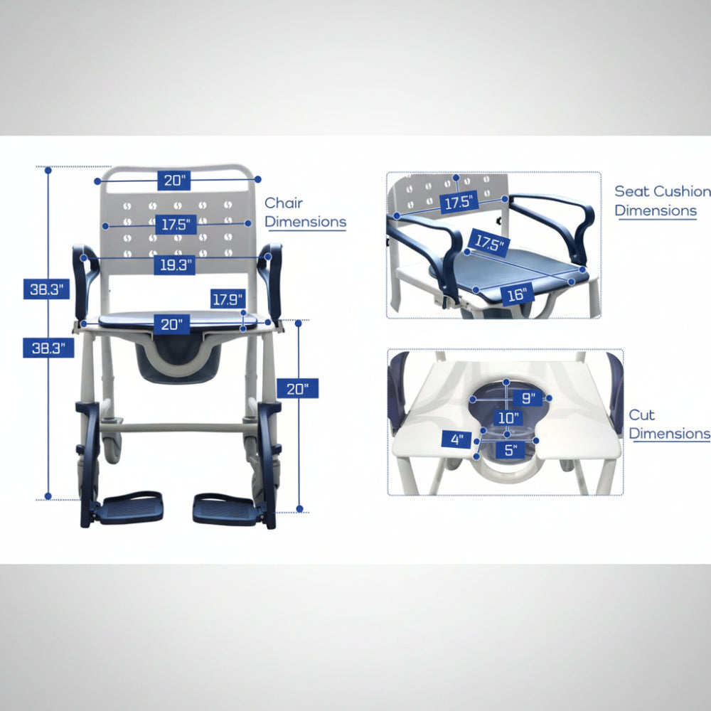 Infographic detailing the versatile features of the MOBB shower commode wheelchair, including its locking casters and swing-away footrests.