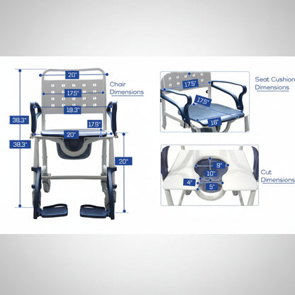 Infographic detailing the versatile features of the MOBB shower commode wheelchair, including its locking casters and swing-away footrests.