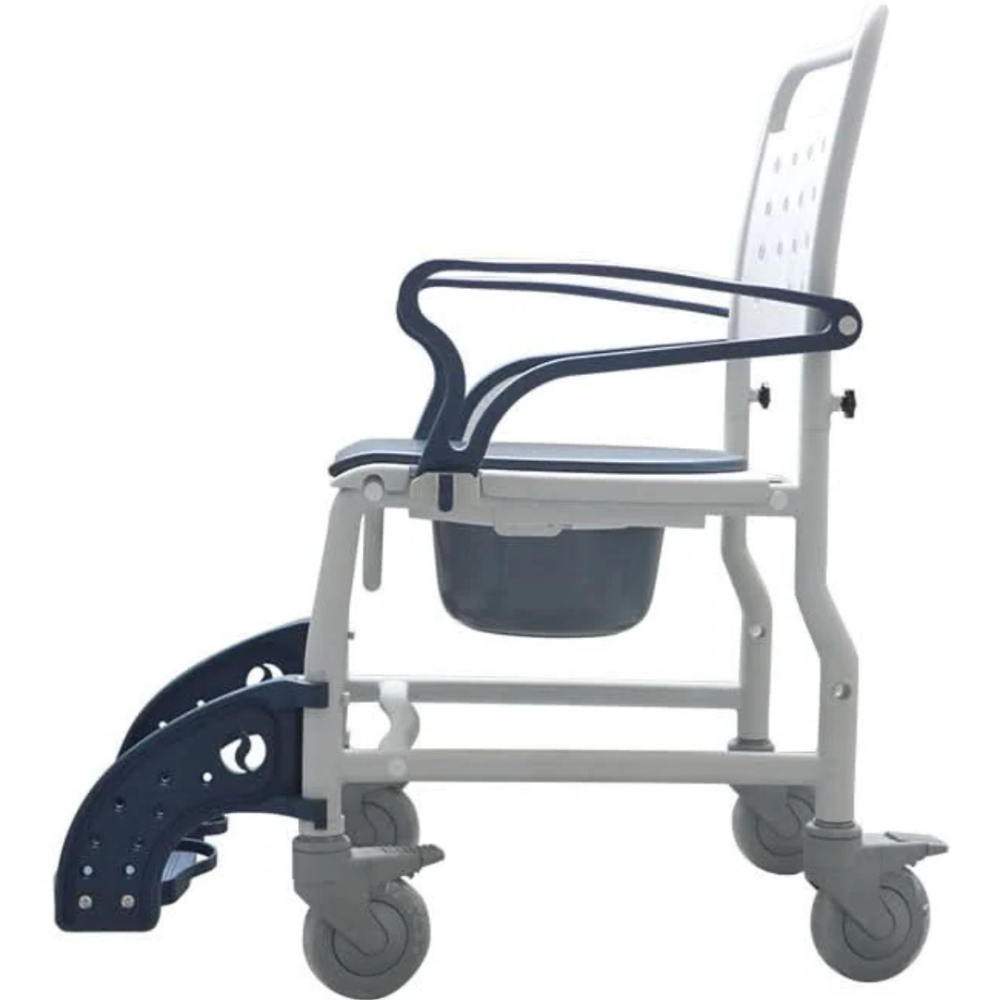 Side profile of the MOBB 3-in-1 shower commode wheelchair demonstrating its compact, maneuverable frame for easy bathroom transport.