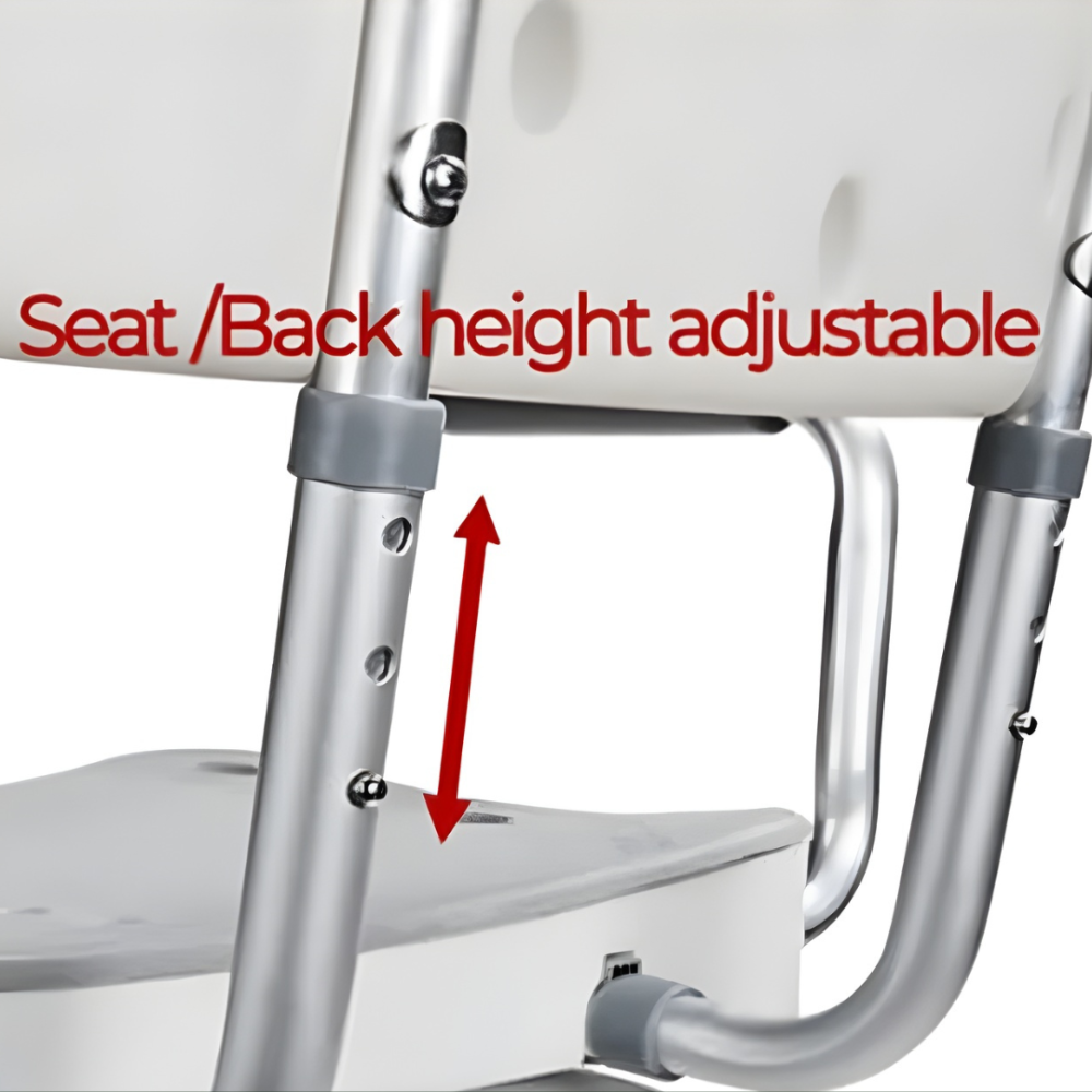 Close-up graphic showing the push-pin height adjustment mechanism on the aluminum legs of the MOBB swivel shower chair, indicated by a red vertical arrow.