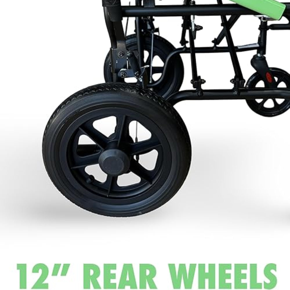 Close-up highlighting the large 12-inch rear wheels on the MOBB transport chair, designed for smooth navigation over uneven surfaces.