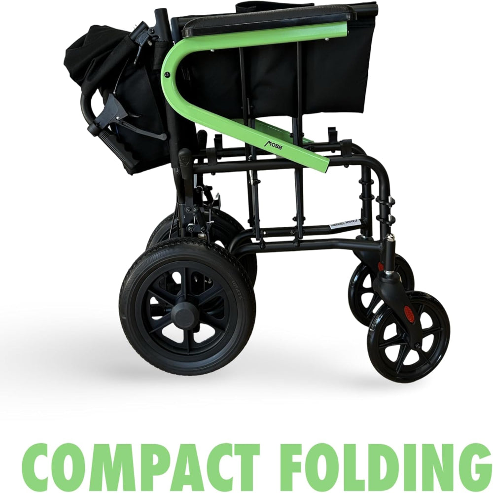The green MOBB transport chair folded compactly to demonstrate its travel-friendly, space-saving design for car trunks and storage.