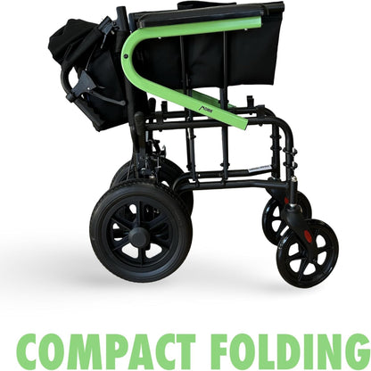 The green MOBB transport chair folded compactly to demonstrate its travel-friendly, space-saving design for car trunks and storage.