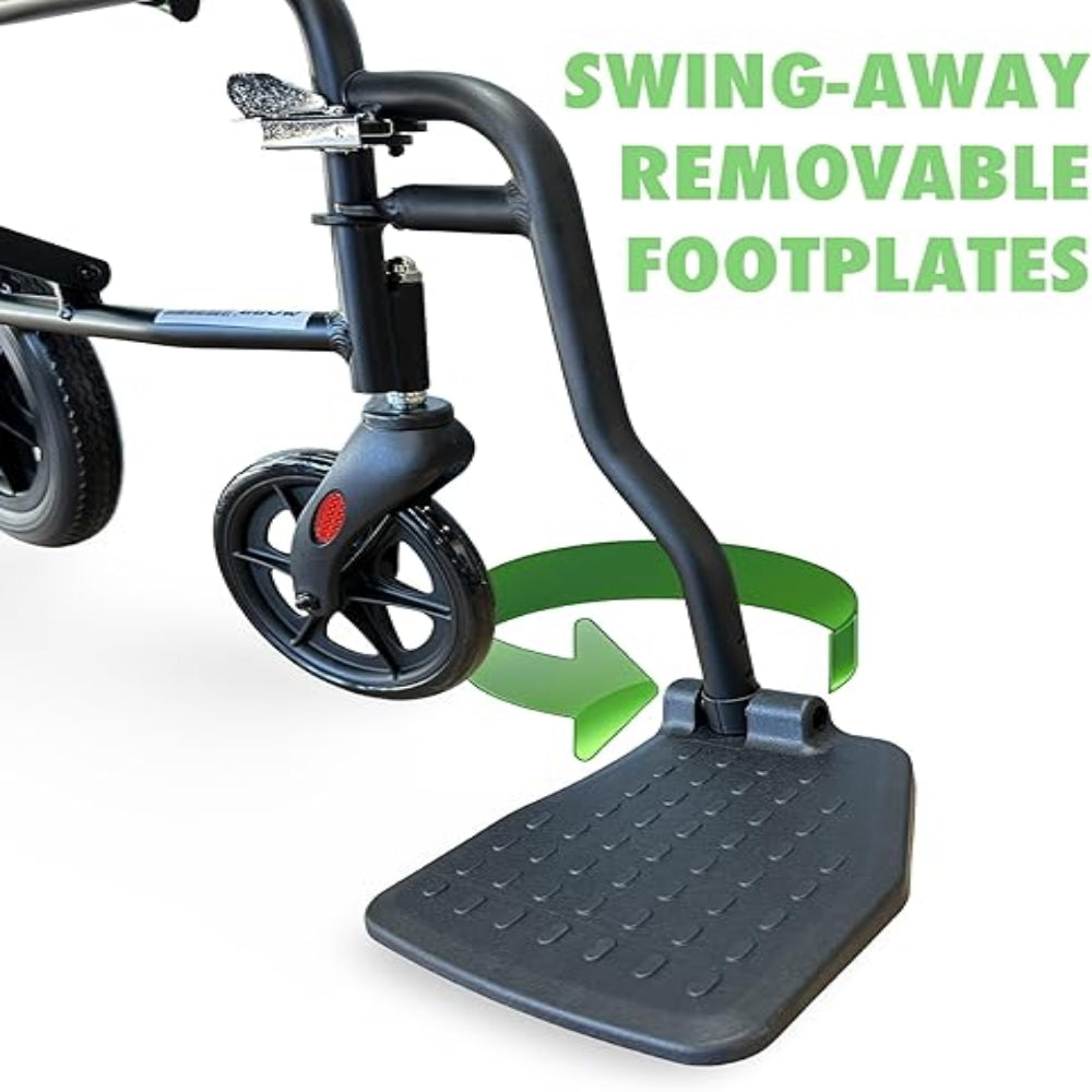 Angled view of the green MOBB transport chair with the footrests swung away to allow for easy and safe patient transfers.